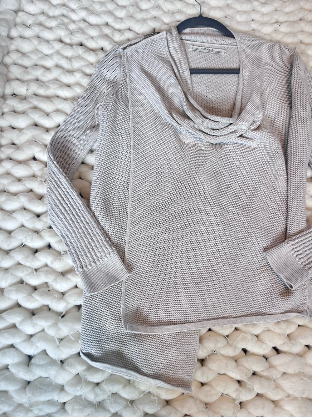 AllSaints Cowl Neck Knit Sweater Jacket | Lightweight Textured Knit | Neutral - Picture 3 of 9
